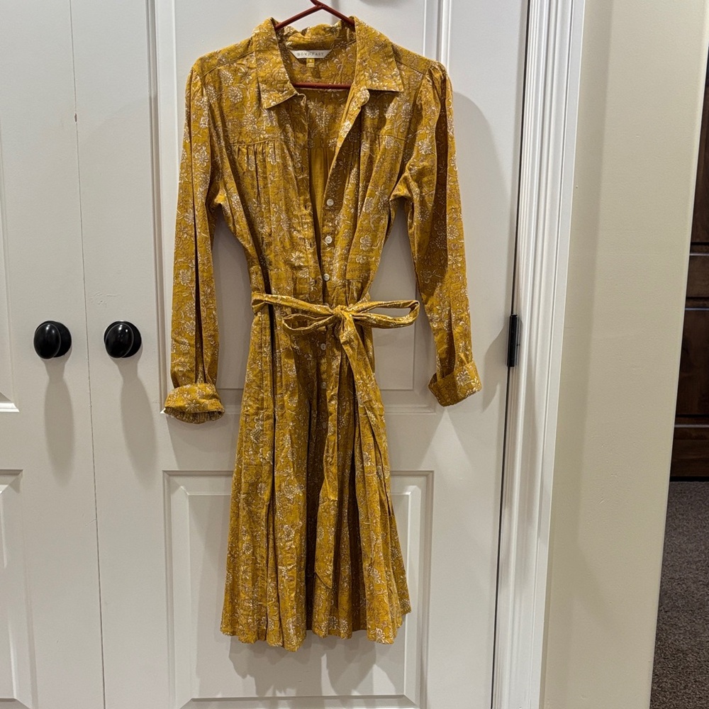 DownEast Mustard Floral Long Sleeve Dress waist tie
